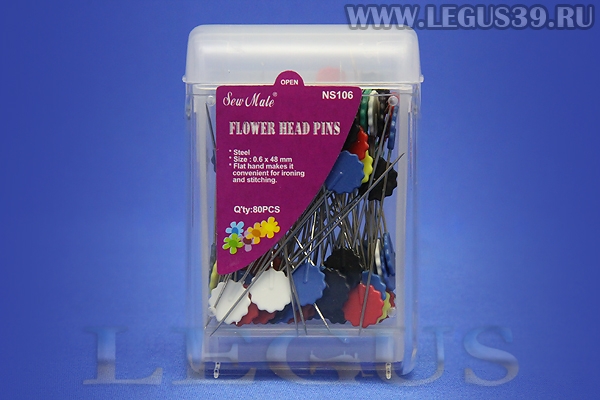 Булавки цветные Sew Mate NS106 (80шт) 0.6x48мм *03224* Flower Head Pins, для тяжелых тканей (45г)
