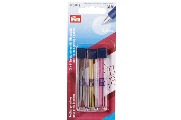 Запасные графиты для механического карандаша, диам. 0,9мм, желтый / черный / розовый стержень Prym 610842 *17348* (342386)