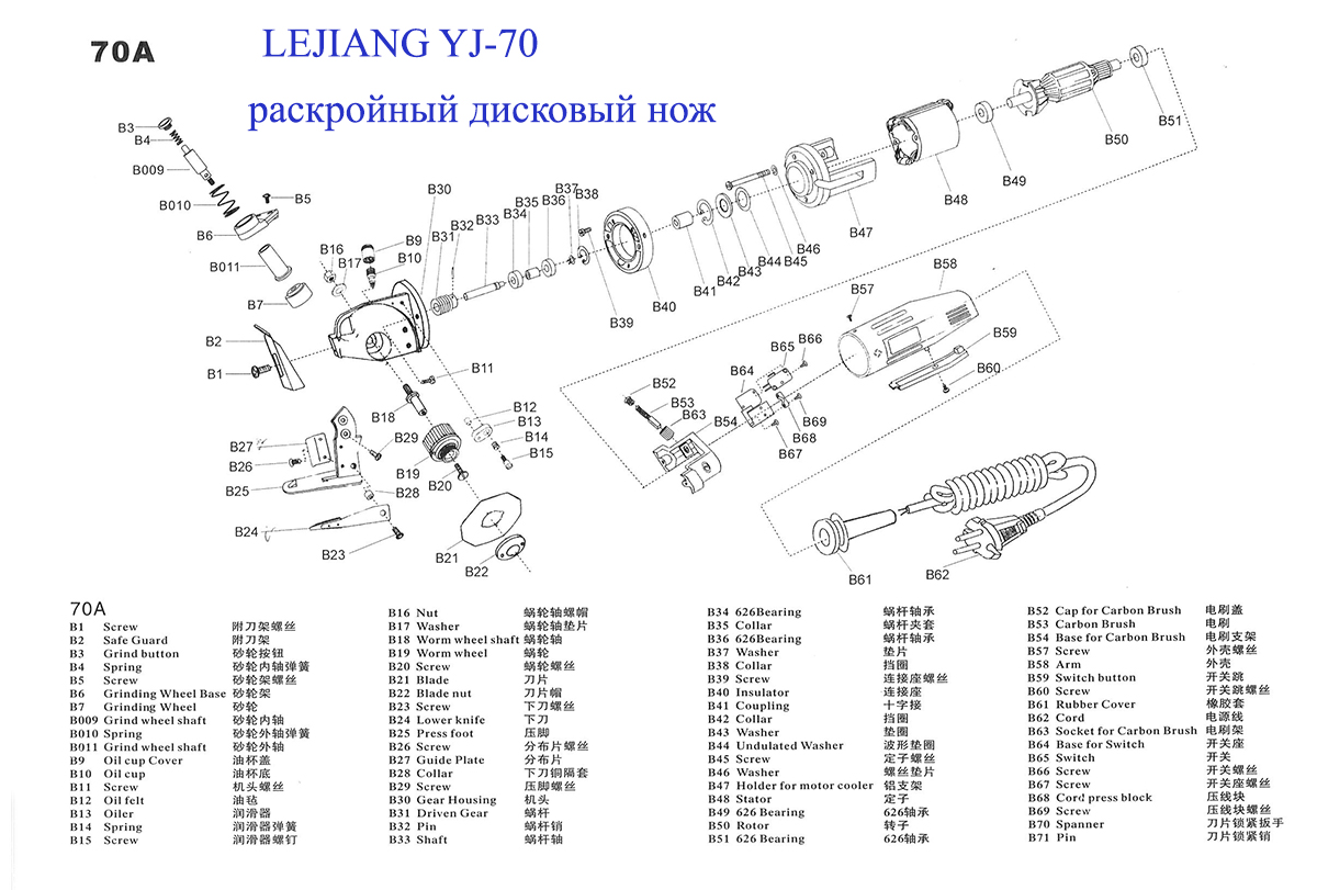 Деталировка раскройного дискового ножа  LEJIANG YJ-70