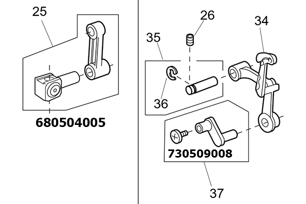 Палец 730509008 двухколенчатый нитепритягивателя без шатуна с винтом левой резьбы Janome 415, 419, 423S - Needle bar crank pin unit